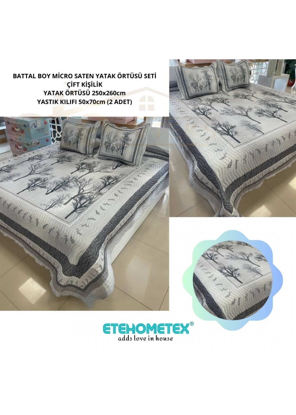 ETEHOMETEX ÇİFT KİŞİLİK KAPİTONELİ YATAK ÖRTÜSÜ SETİ PALMİRA GRİ 8696474231894 ETEHOMETEX ÇİFT KİŞİLİK KAPİTONELİ YATAK ÖRTÜSÜ SETİ PALMİRA GRİ 8696474231894